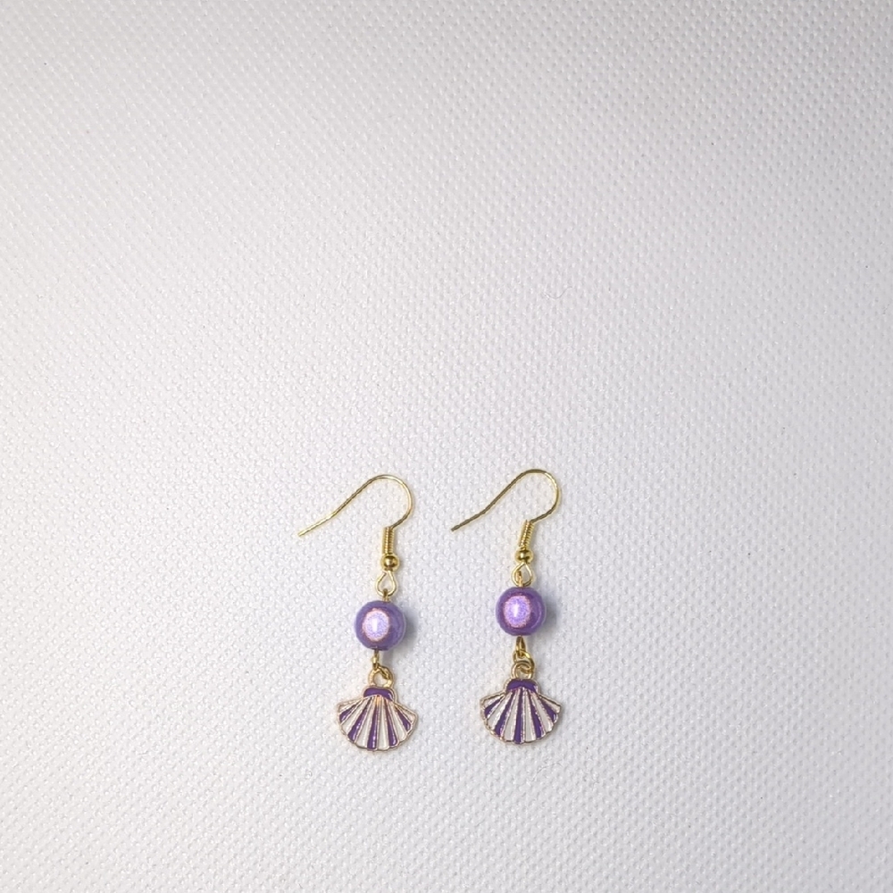 Gold and Purple Seashell Earrings with Pearl Beads